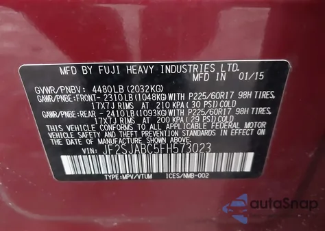 2015 Subaru Forester 2.5I from USA, damaged, VIN JF2SJABC5FH573023